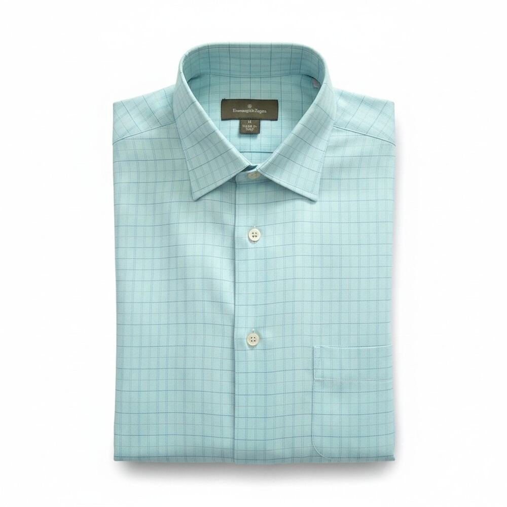 Ermenegildo Zegna Men's M Teal Check Dress Shirt Italy 100% Cotton Button Up